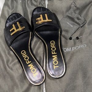 Tom Ford Black Slides with Gold Logo